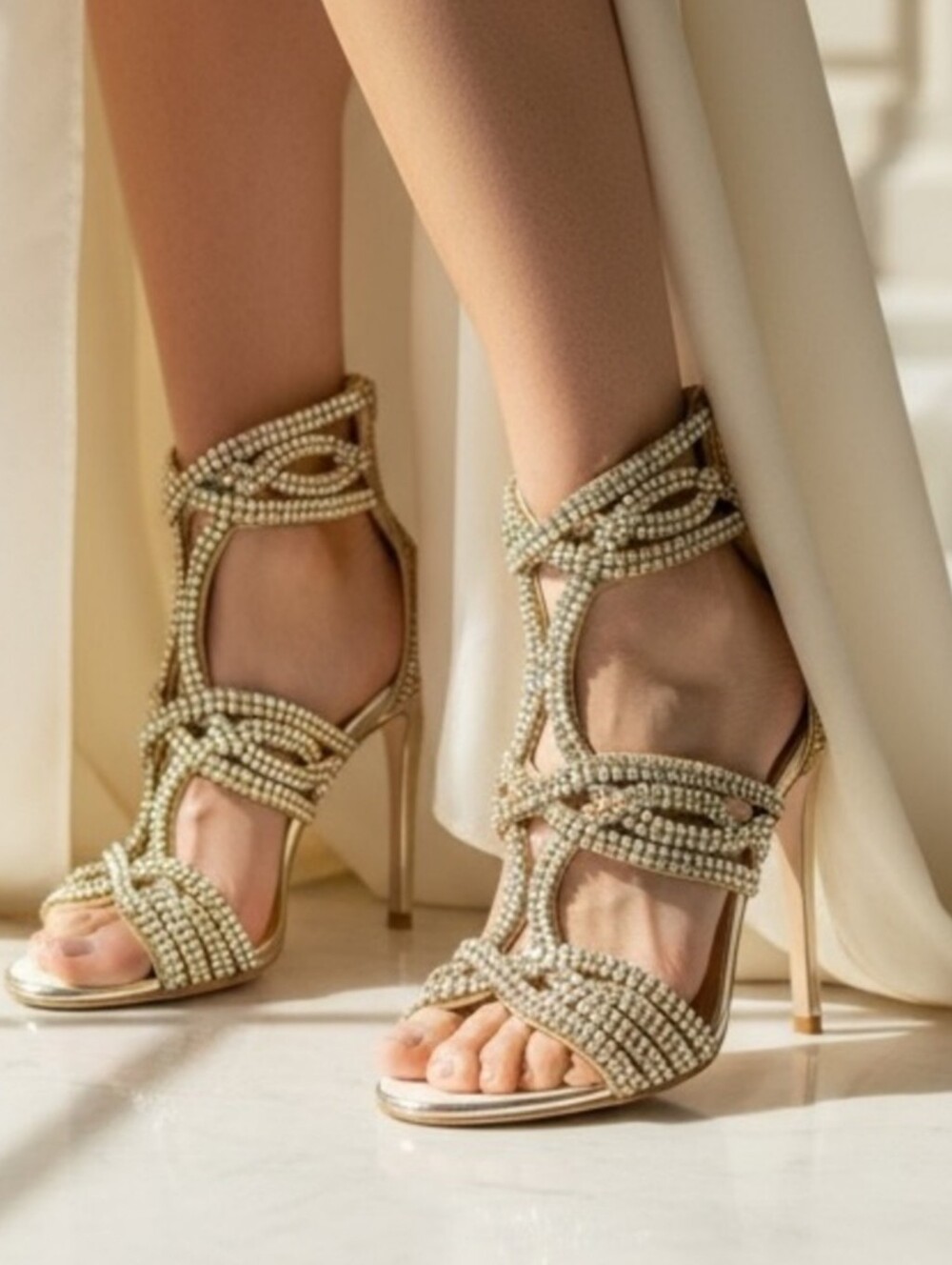 ANTONIO MELANI Gold Crystal Embellished Strappy Stiletto Heels